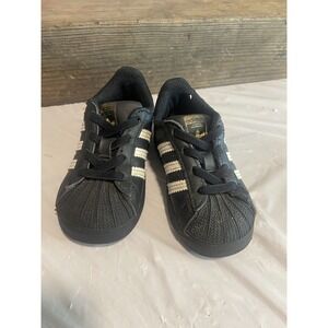 Toddler's Adidas Unisex Black With White Stripe Superstar Tennis‎ Shoes-Size 6K